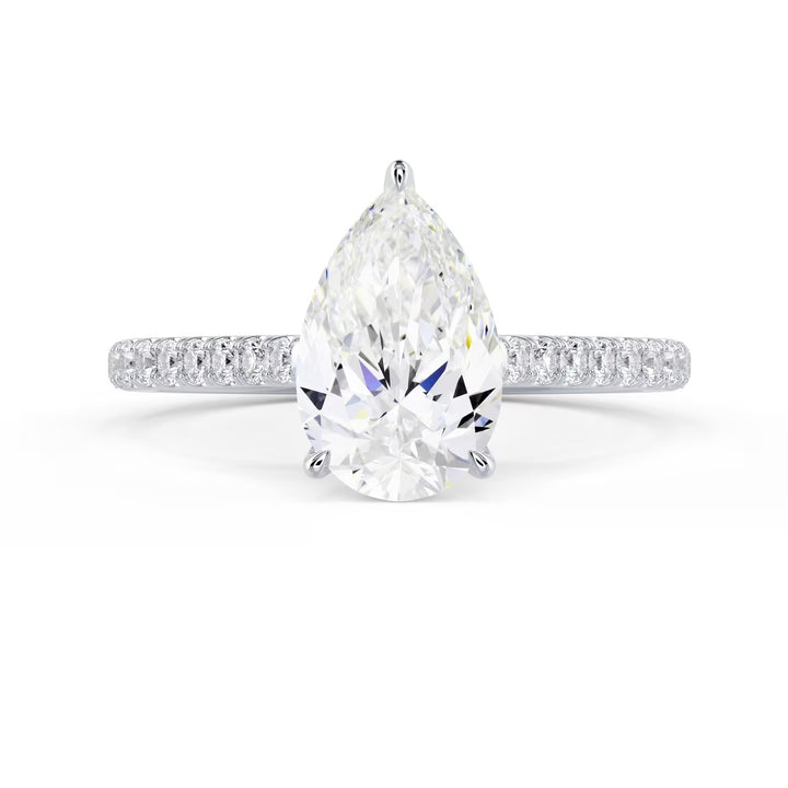 pear lab diamond cathedral engagement ring pavé