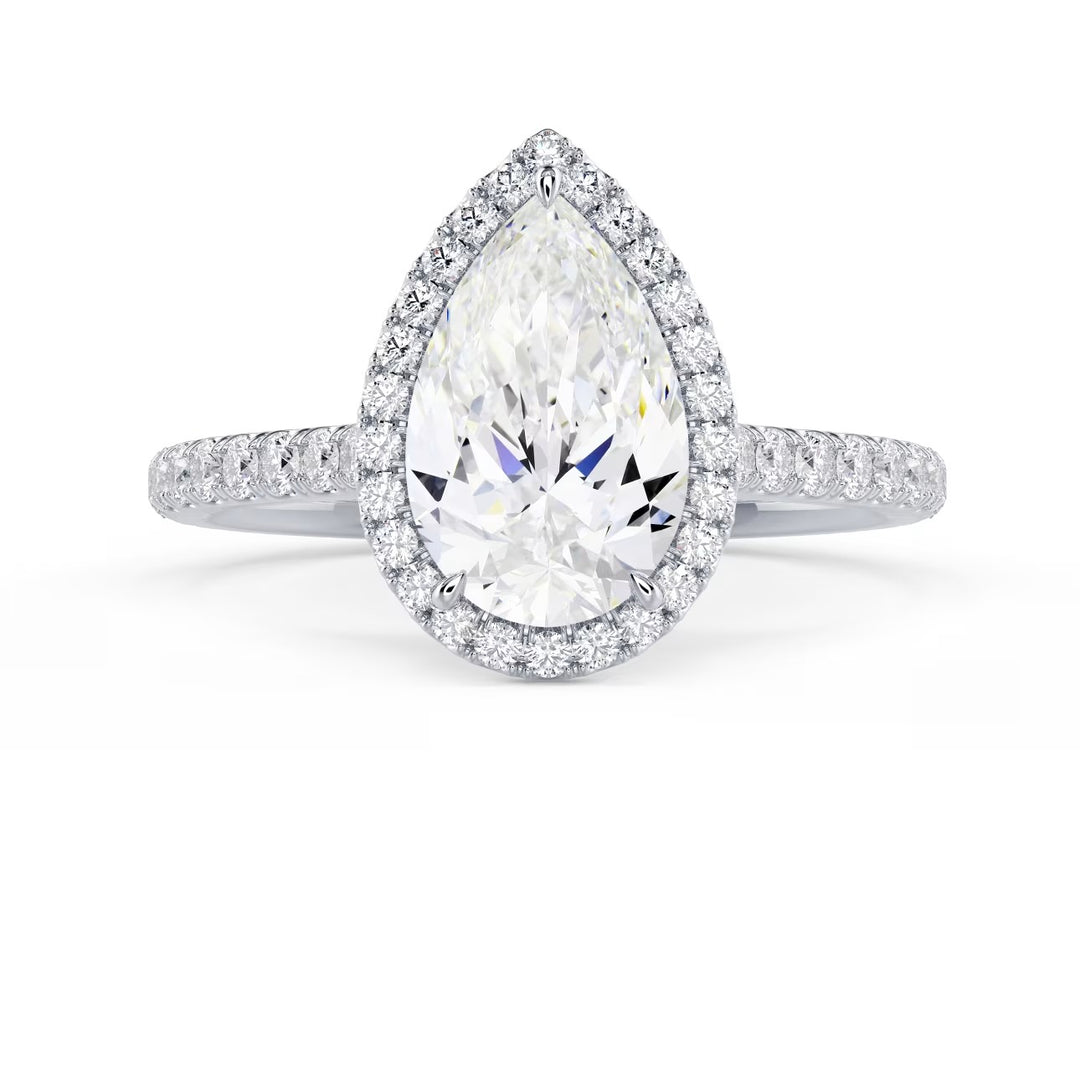 Front view of a 1.50CT pear cut lab grown diamond halo cathedral pave engagement ring with E VS2 clarity center stone
