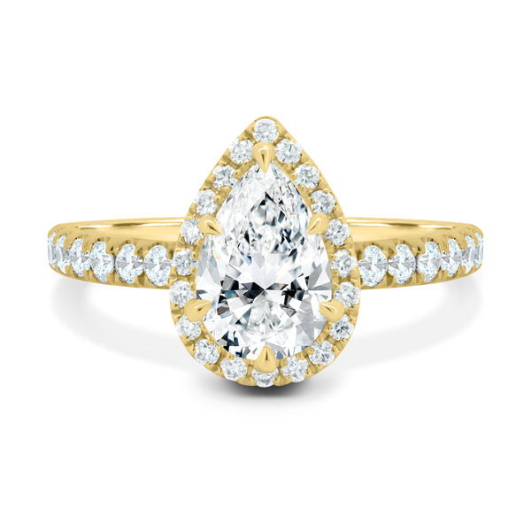 pear halo lab grown diamond pavé engagement ring 1.5 carat E VS2 USA