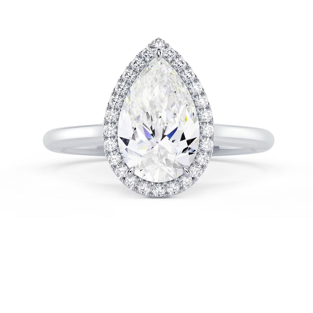 Front view of a 1.50CT pear cut lab grown diamond halo solitaire engagement ring with E VS1 clarity center stone