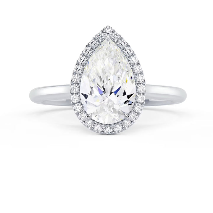 Front view of a 1.50CT pear cut lab grown diamond halo solitaire engagement ring with E VS1 clarity center stone