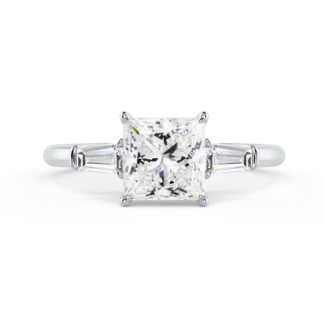 Front view of 1.50CT princess cut lab grown diamond three stone engagement ring E VS2 showing brilliance and symmetry