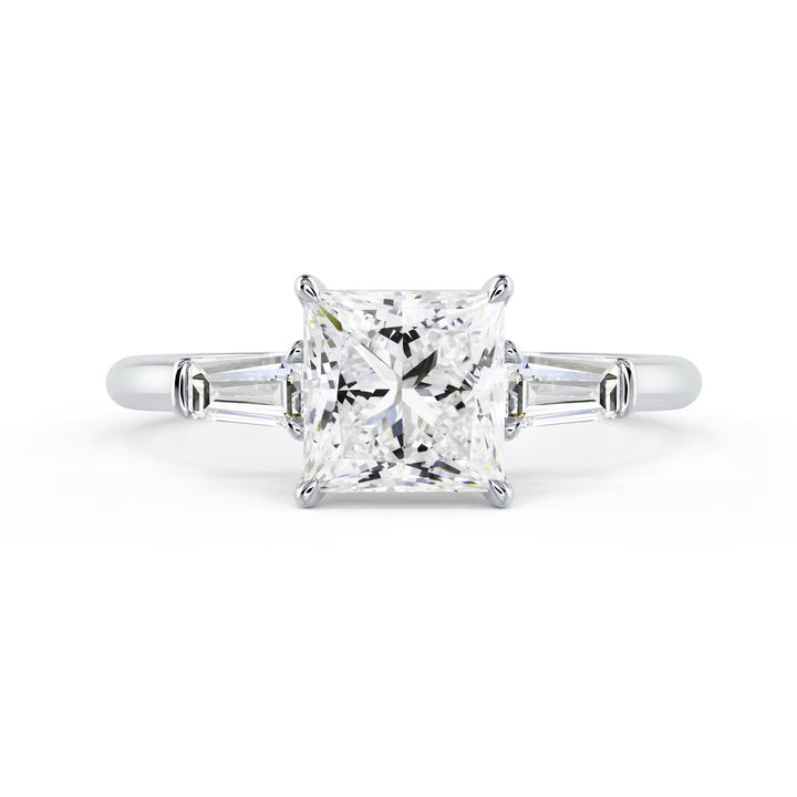 Front view of 1.50CT princess cut lab grown diamond three stone engagement ring E VS2 showing brilliance and symmetry