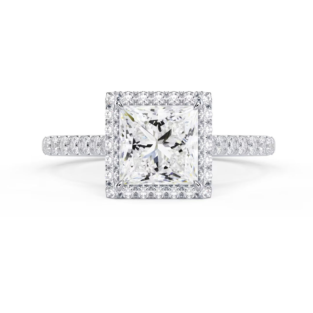 Front view of a 1.50CT princess cut lab diamond halo cathedral pave engagement ring with E VS2 quality diamonds