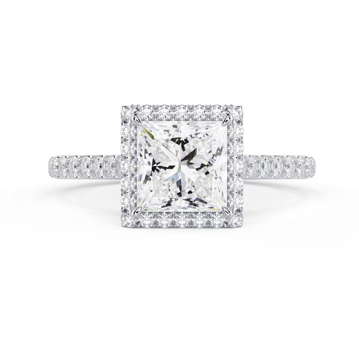 Front view of a 1.50CT princess cut lab diamond halo cathedral pave engagement ring with E VS2 quality diamonds
