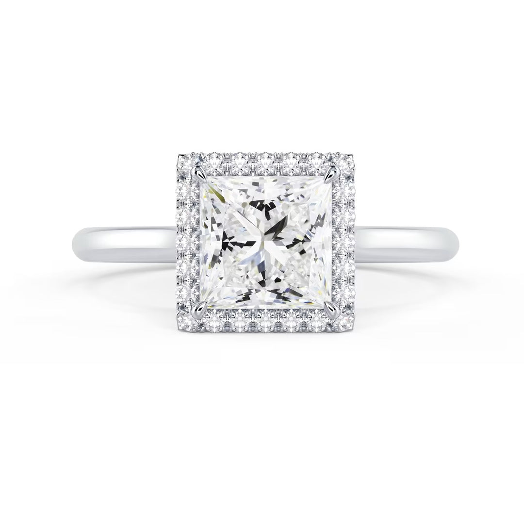 Front view of a 1.50CT princess cut lab grown diamond halo solitaire engagement ring with E VS1 center stone brilliance