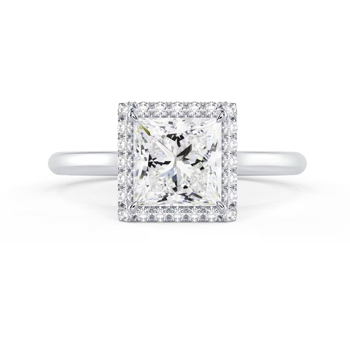 Front view of a 1.50CT princess cut lab grown diamond halo solitaire engagement ring with E VS1 center stone brilliance