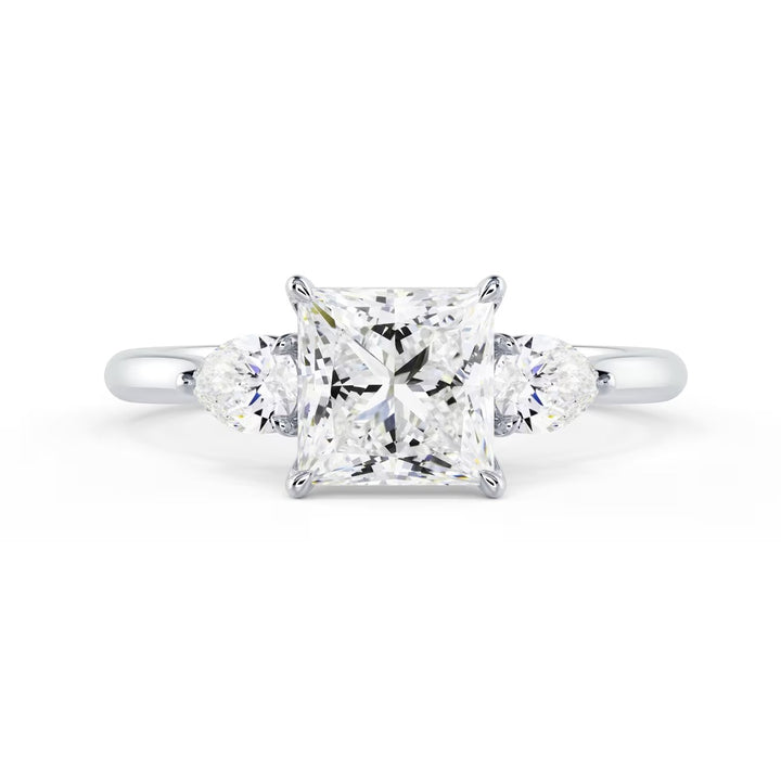 Front view of 1.50CT princess cut lab grown diamond three stone engagement ring E VS2 showing brilliance and symmetry