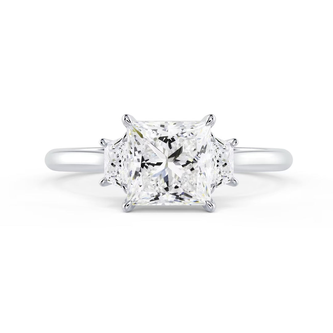Front view of 1.50CT princess cut lab grown diamond three stone engagement ring E VS2 showing brilliance and symmetry