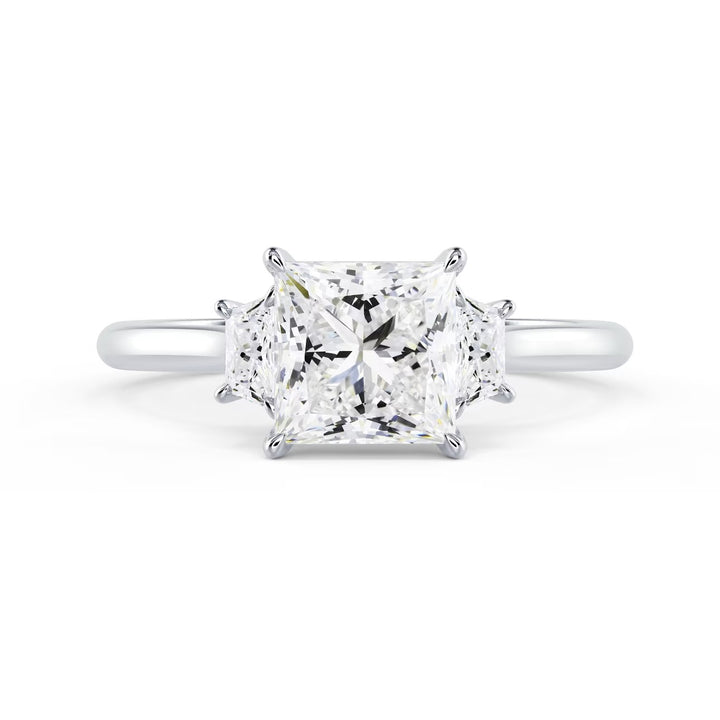 Front view of 1.50CT princess cut lab grown diamond three stone engagement ring E VS2 showing brilliance and symmetry