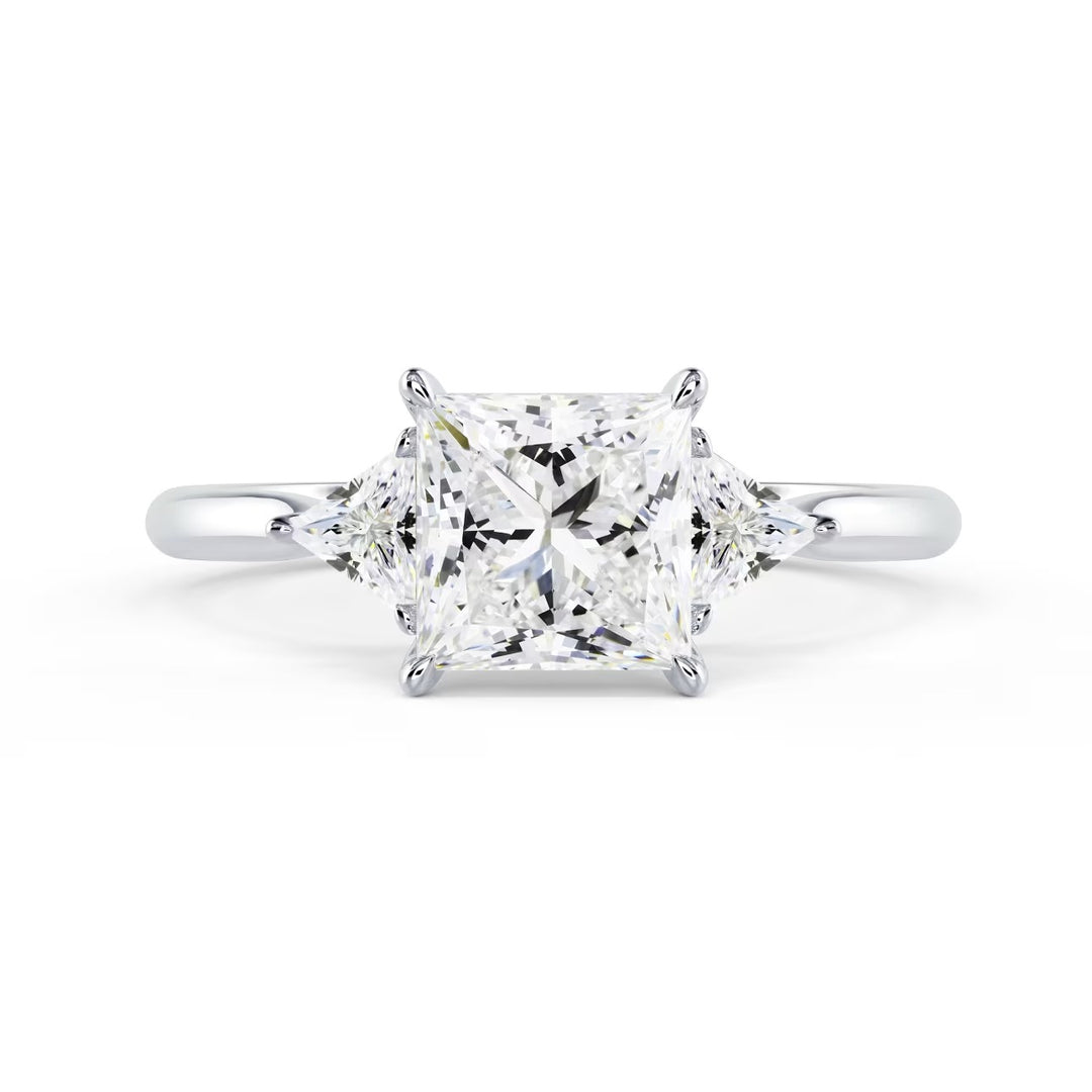 Front view of 1.50CT princess cut lab grown diamond three stone engagement ring E VS1 showing brilliance and symmetry