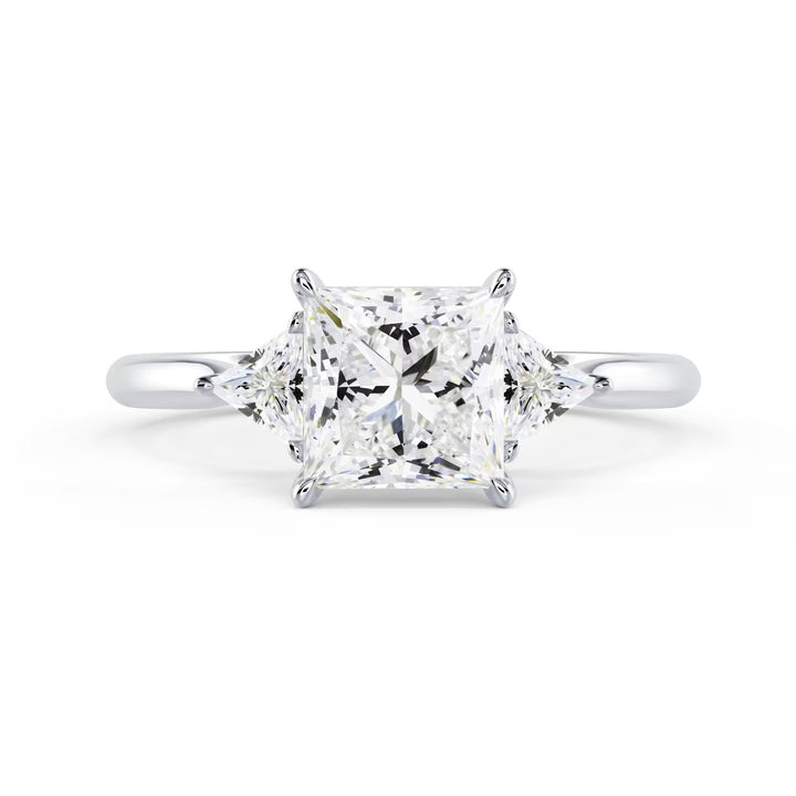 Front view of 1.50CT princess cut lab grown diamond three stone engagement ring E VS1 showing brilliance and symmetry