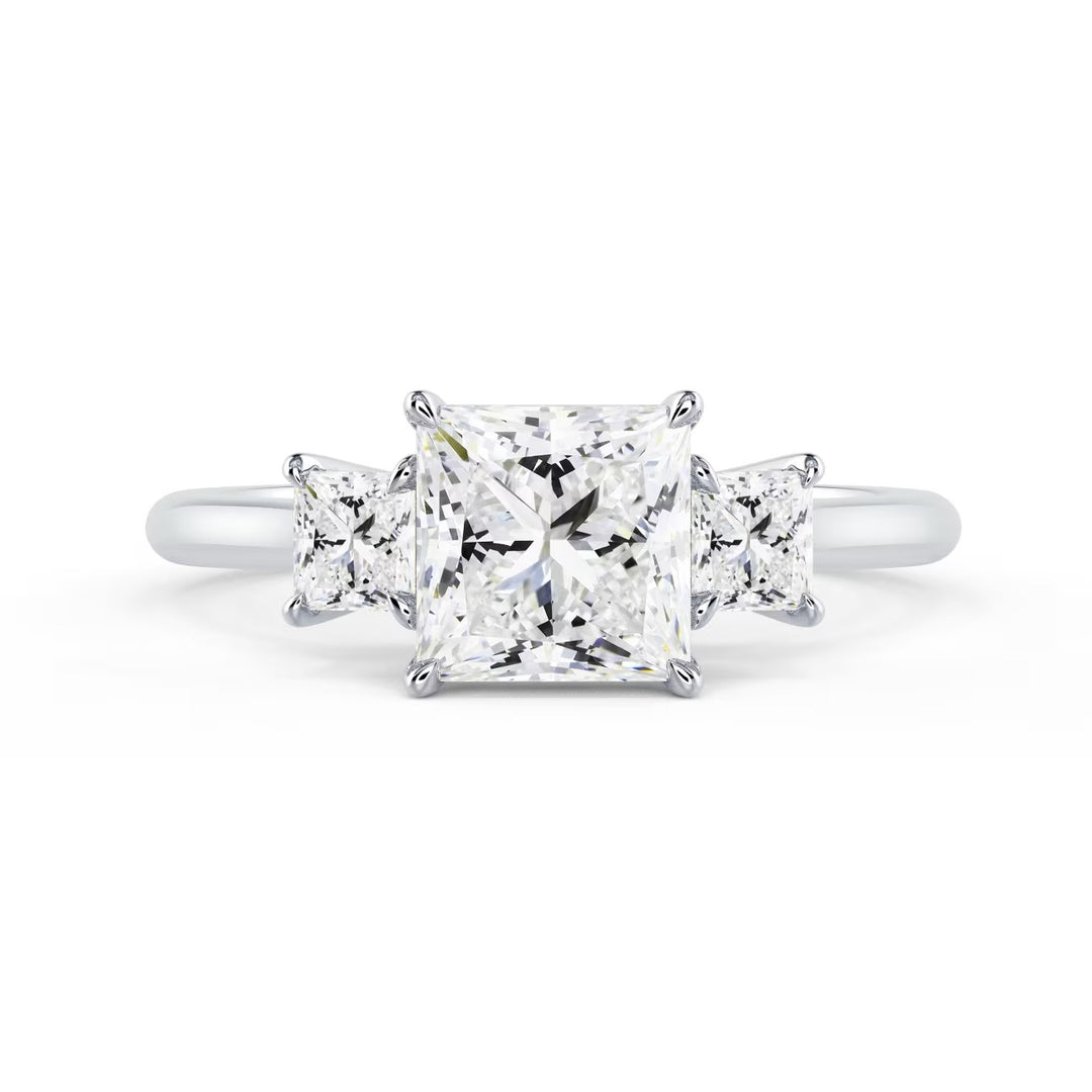 Front view of 1.50CT princess cut lab grown diamond three stone solitaire engagement ring showing brilliance and symmetry