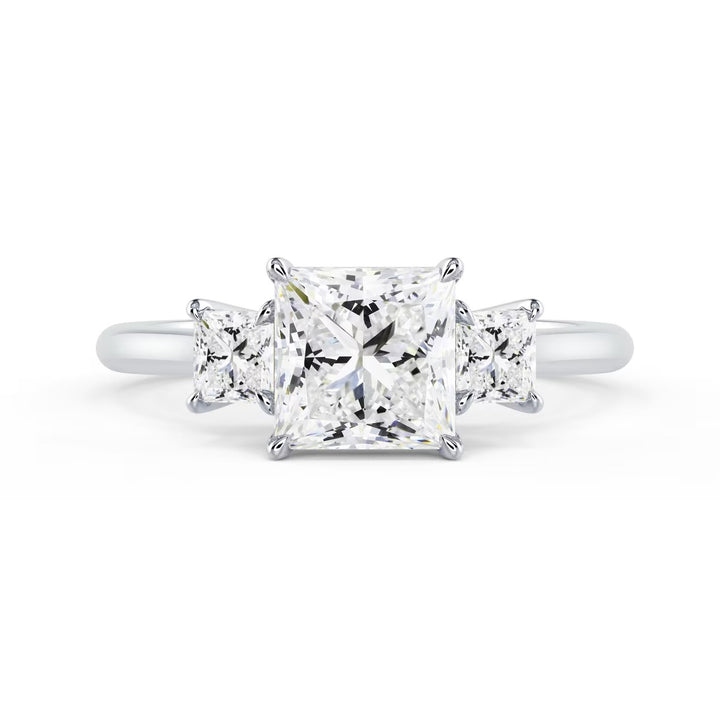 Front view of 1.50CT princess cut lab grown diamond three stone solitaire engagement ring showing brilliance and symmetry