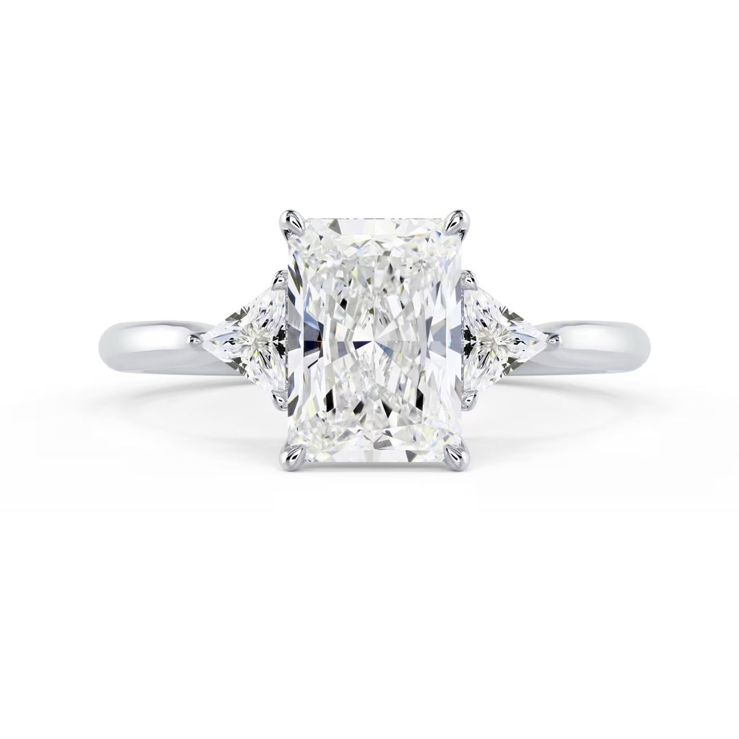 1.5 carat radiant cut three stone engagement ring E VS2 lab grown diamond