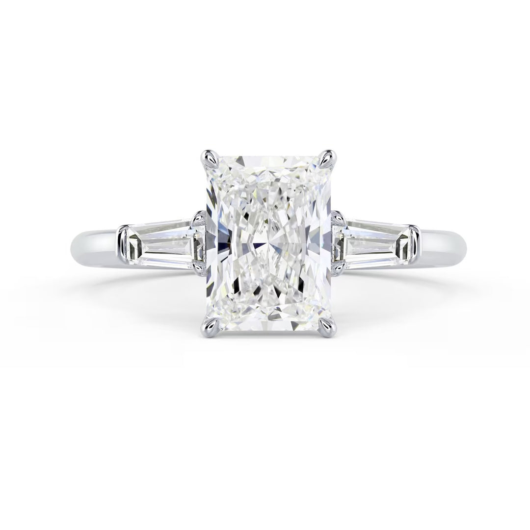 1.5 carat radiant cut three stone engagement ring E VS2 lab grown diamond