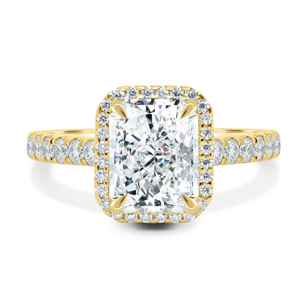 1.5 carat radiant halo cathedral pavé engagement ring lab grown diamond E VS2 USA