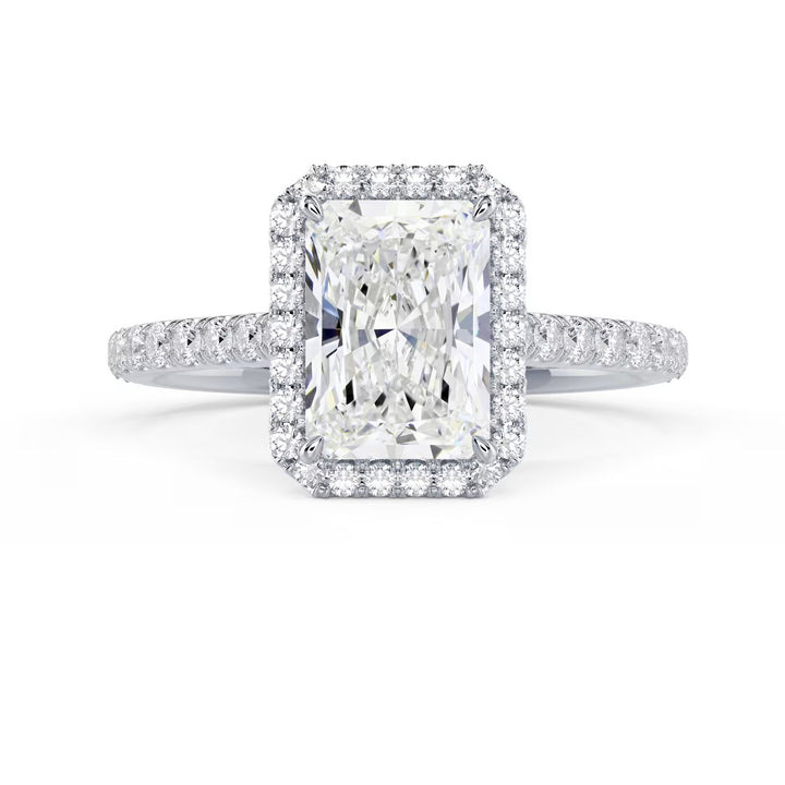 Front view of a 1.50CT radiant cut lab grown diamond halo cathedral pave engagement ring with E VS2 clarity center stone