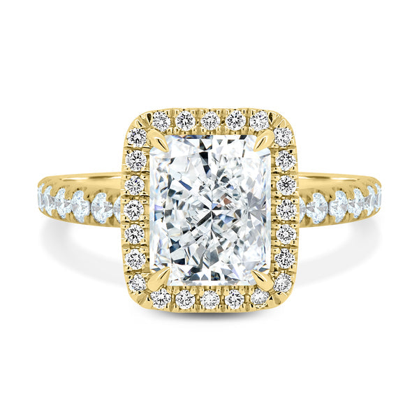 radiant cut halo pavé lab grown diamond engagement ring 1.5 carat E VS2 USA