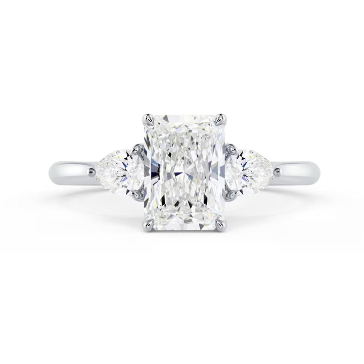 1.5 carat radiant cut three stone engagement ring E VS2 lab grown diamond