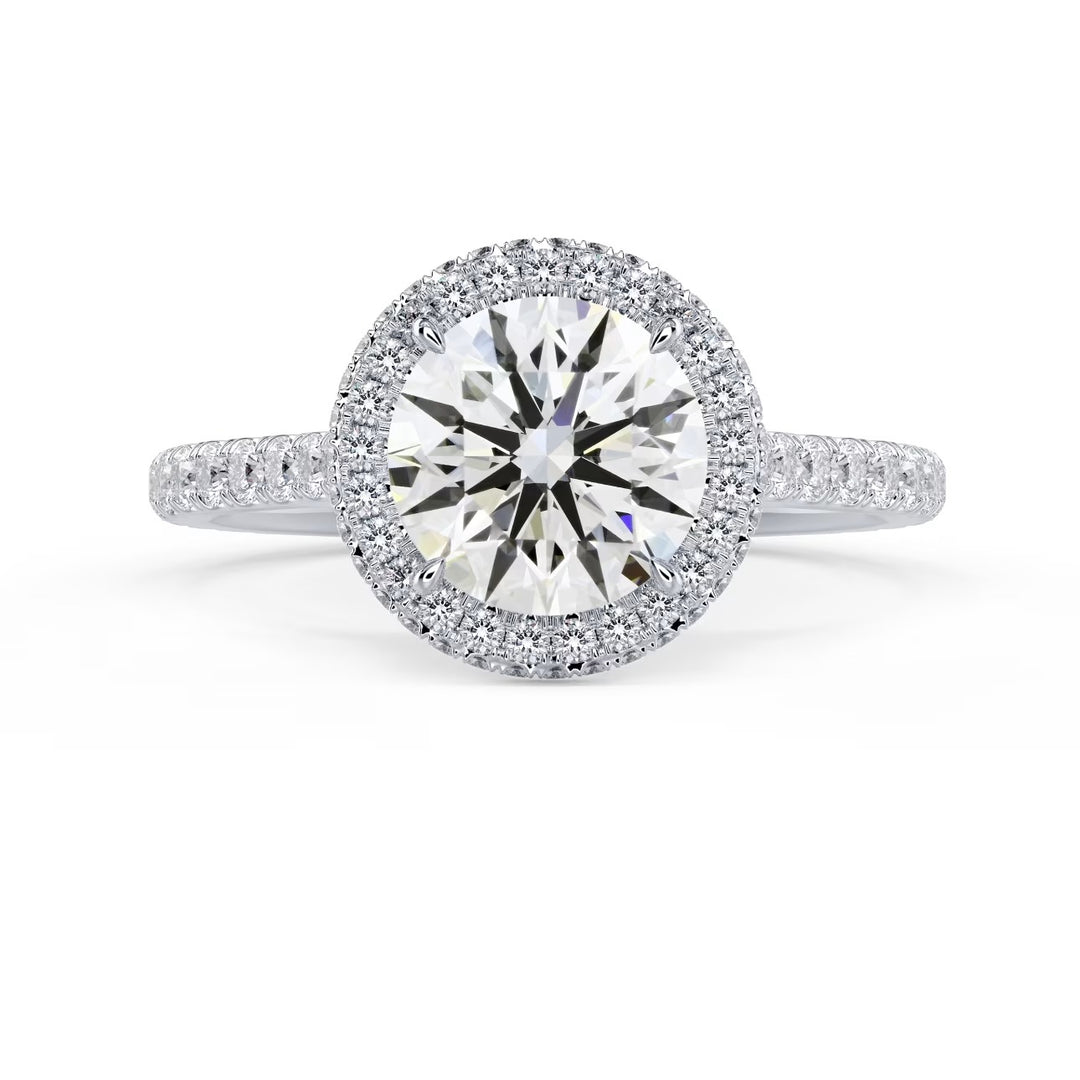 1.5 carat round lab grown diamond double halo pave engagement ring E VS1