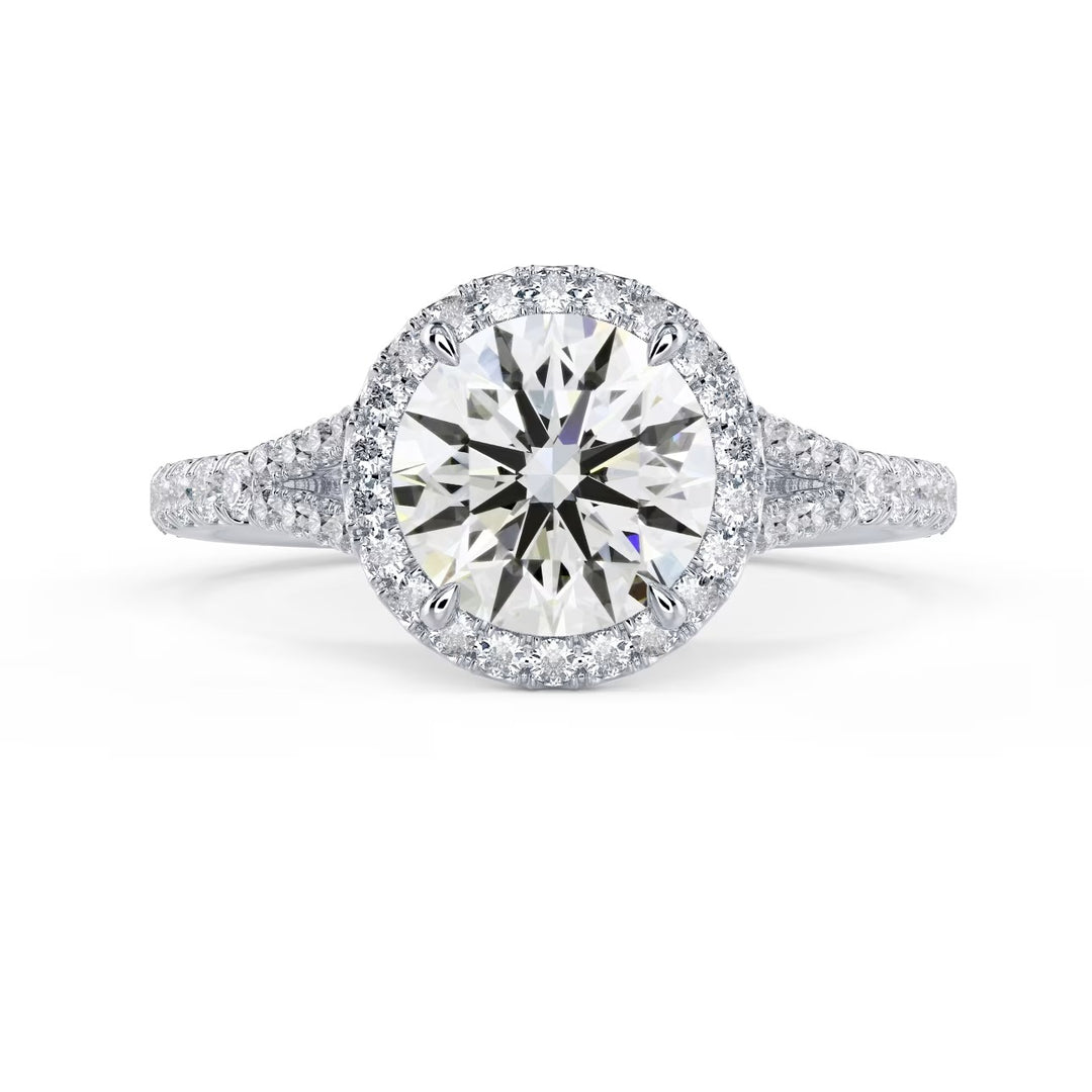 1.5 carat round lab grown diamond halo split shank engagement ring E VS1