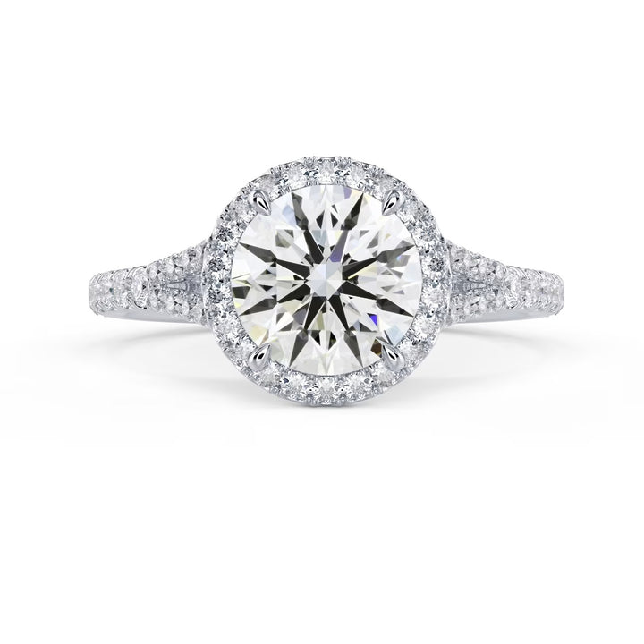 1.5 carat round lab grown diamond halo split shank engagement ring E VS1