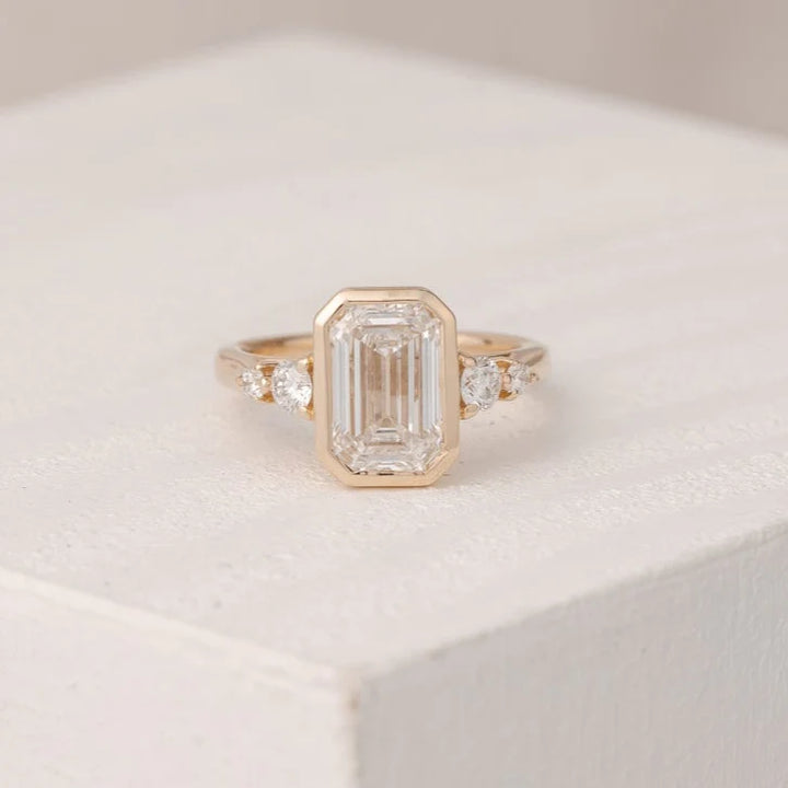 Emerald Cut Bezel Set IGI Certified Cluster Engagement Ring