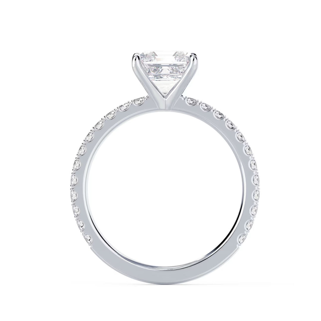1.5 carat asscher cut lab grown diamond cathedral pave engagement ring set in white gold with refined step-cut brilliance
