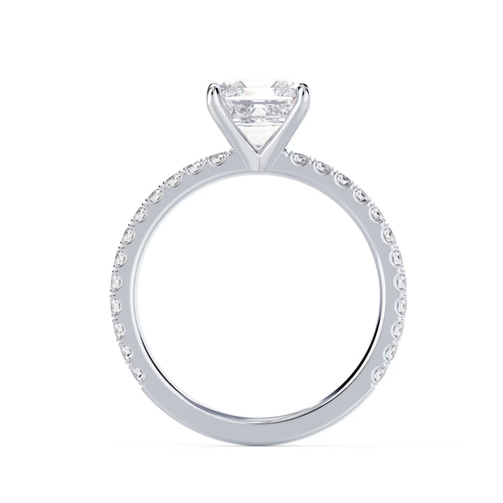 1.5 carat asscher cut lab grown diamond cathedral pave engagement ring set in white gold with refined step-cut brilliance