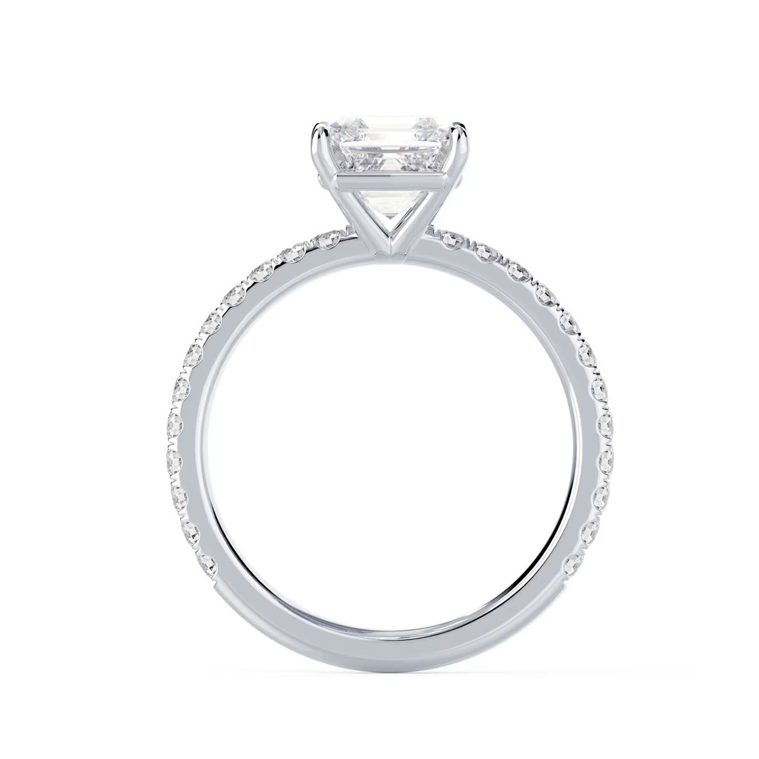 1.5 carat asscher cut lab grown diamond pave engagement ring set in white gold with refined step-cut brilliance