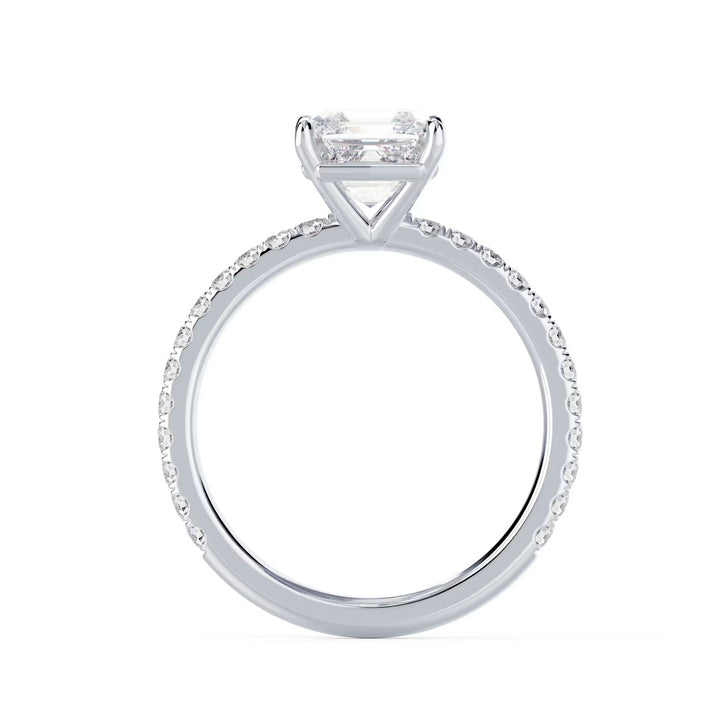 1.5 carat asscher cut lab grown diamond pave engagement ring set in white gold with refined step-cut brilliance