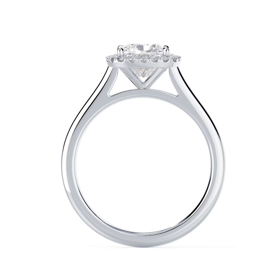 1.5 carat cushion cut lab grown diamond halo solitaire engagement ring set in white gold with soft brilliance