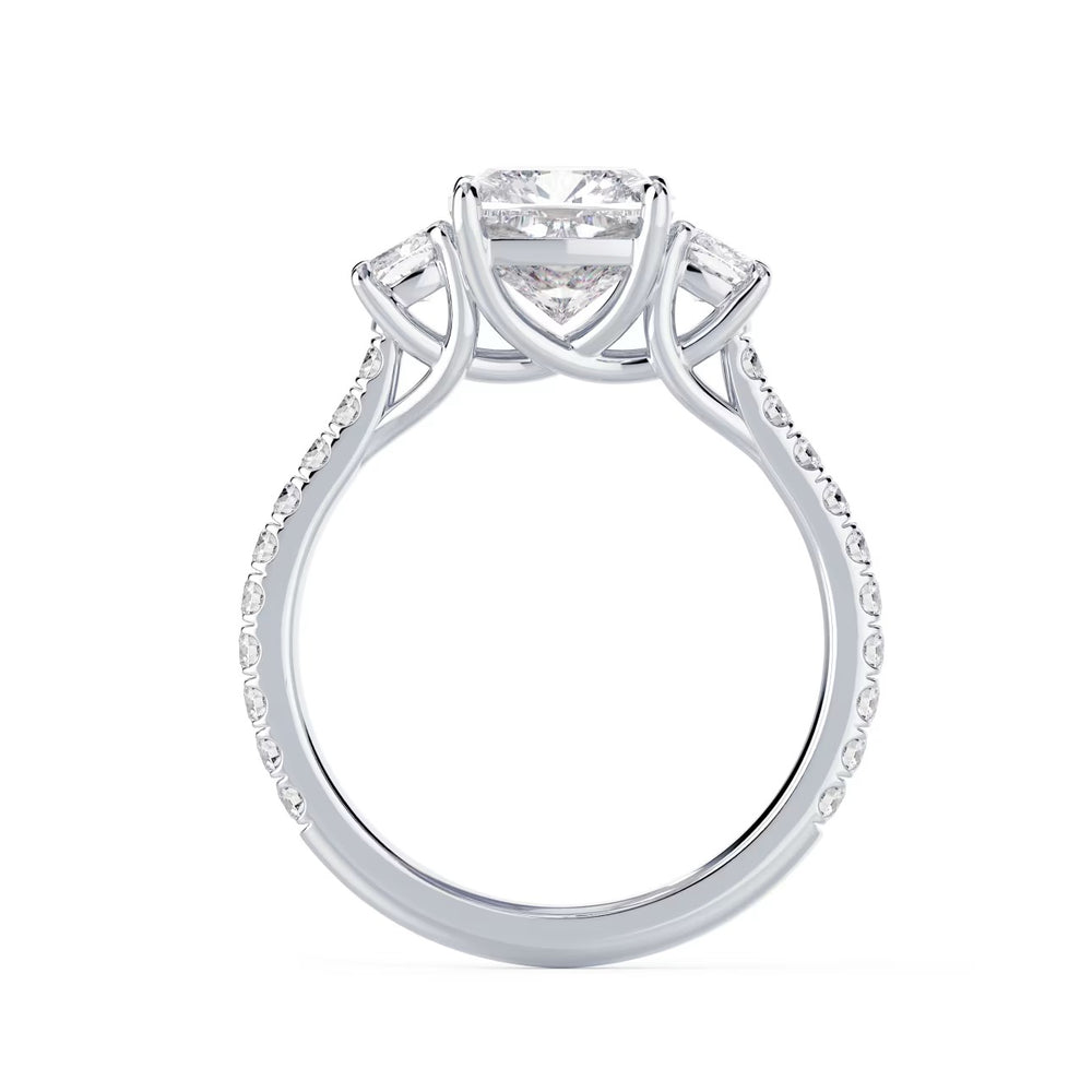 1.5ct elongated cushion E VS1 three stone pavé engagement ring USA