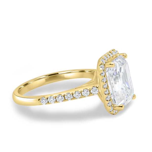 1.5ct emerald cut E VS2 halo cathedral pavé engagement ring USA