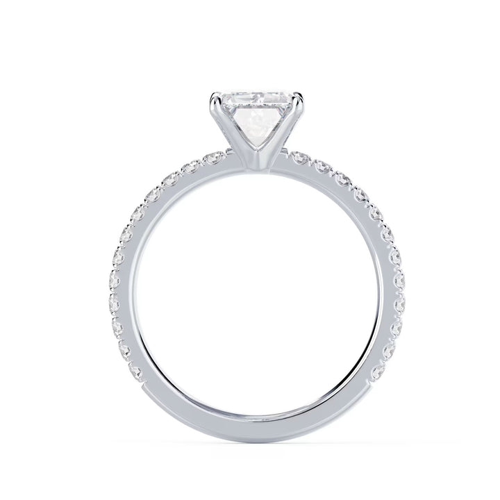 1.5 carat emerald cut lab grown diamond pave engagement ring set in white gold with refined step-cut brilliance