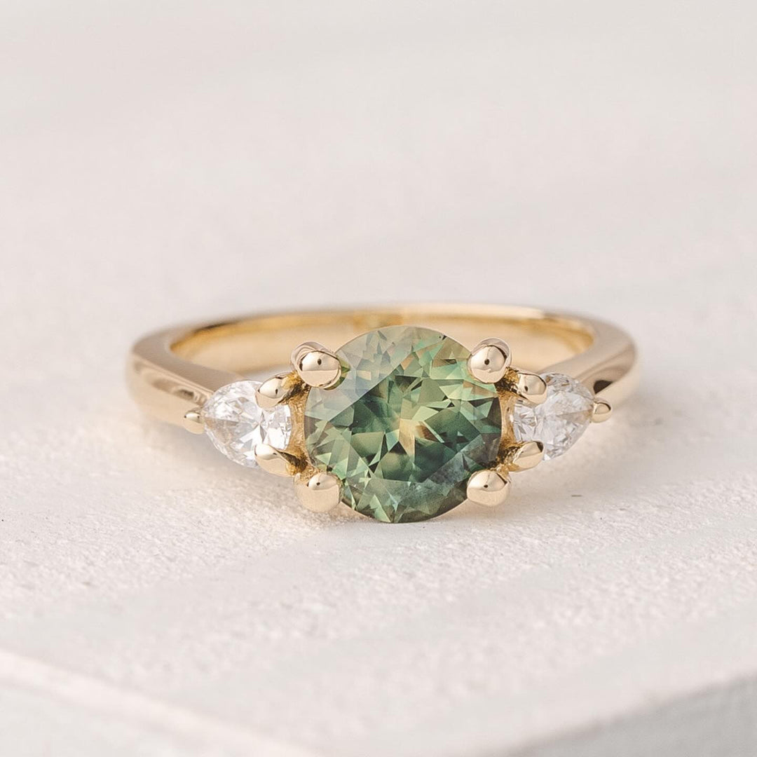 Round Three Stone Green Diamond Ring