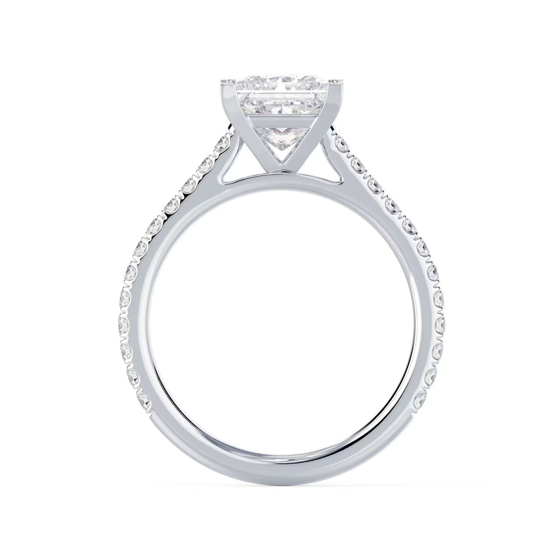 1.5 carat princess cut lab grown diamond cathedral pave engagement ring set in white gold with structured brilliance