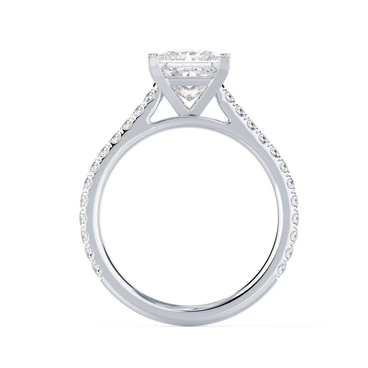 1.5 carat princess cut lab grown diamond cathedral pave engagement ring set in white gold with structured brilliance