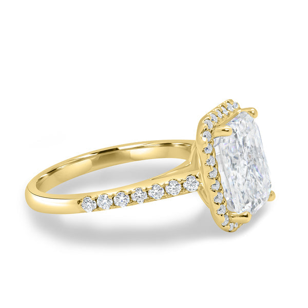 1.5ct radiant E VS2 halo cathedral pavé engagement ring USA