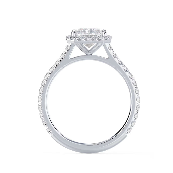 1.5 carat radiant cut lab grown diamond halo cathedral pave engagement ring set with pavé diamond band accents