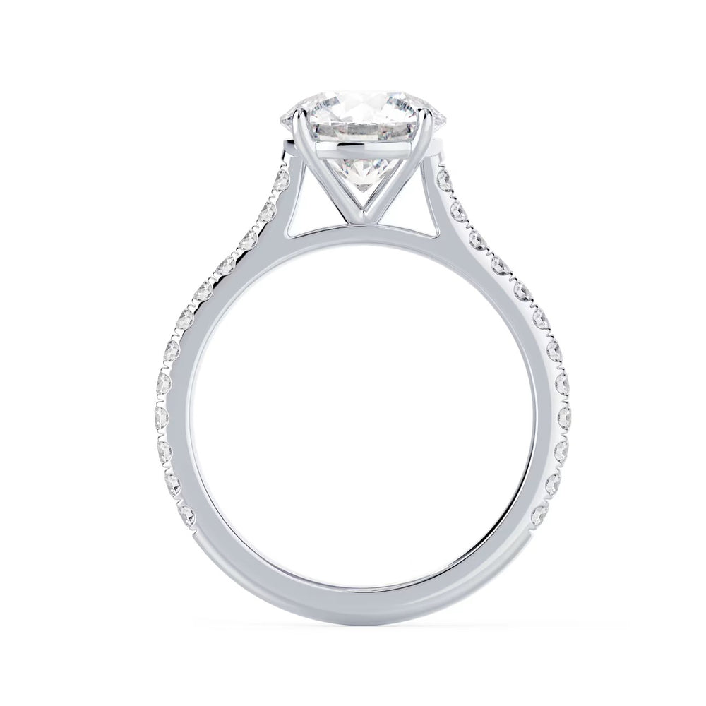 1.5 carat round cut lab grown diamond cathedral pave engagement ring set in white gold with refined brilliance