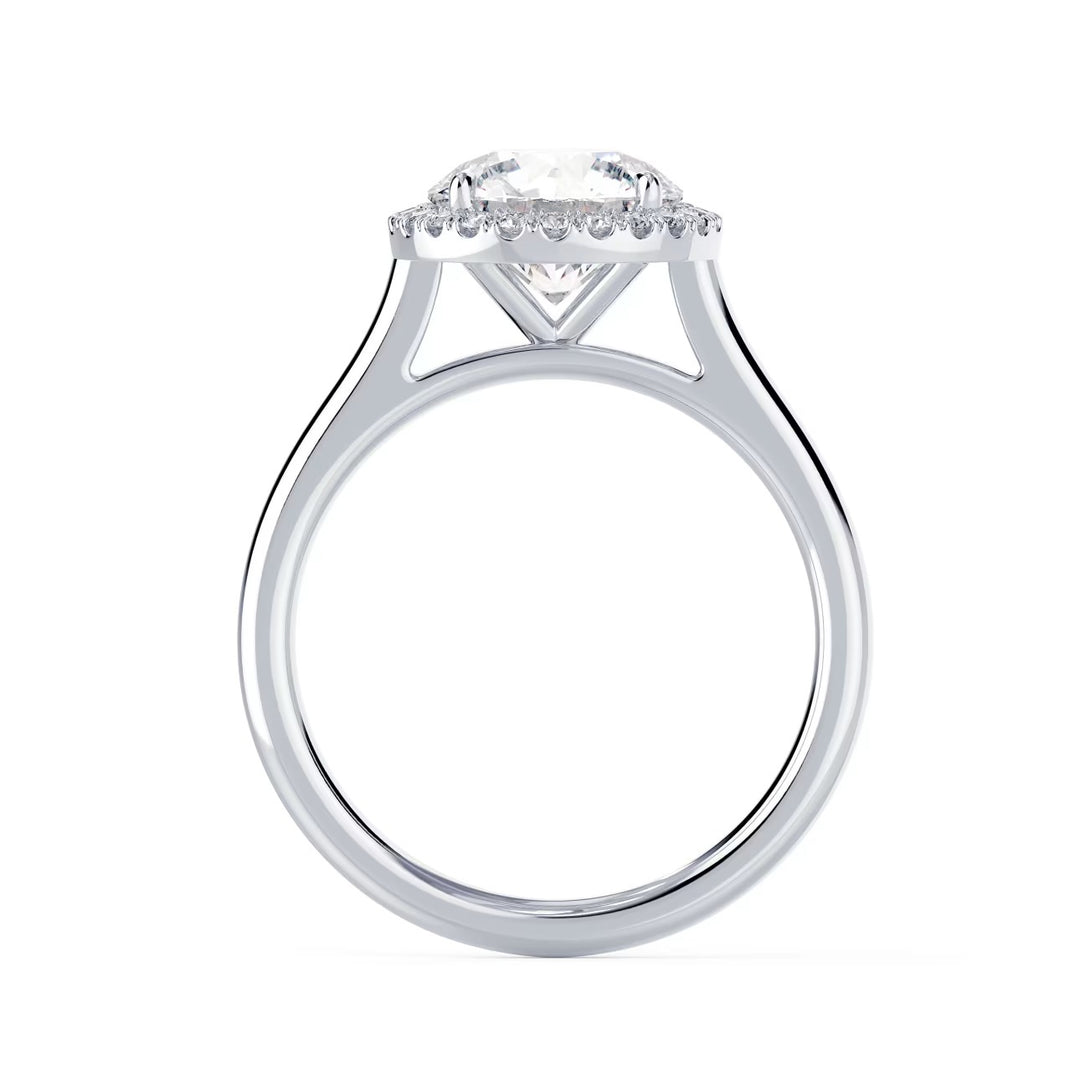 1.5 carat round cut lab grown diamond halo solitaire engagement ring set in white gold with strong brilliance and sparkle