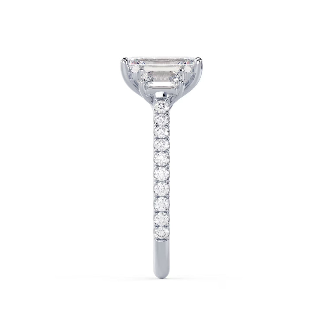 emerald cut lab diamond three stone engagement ring pavé setting