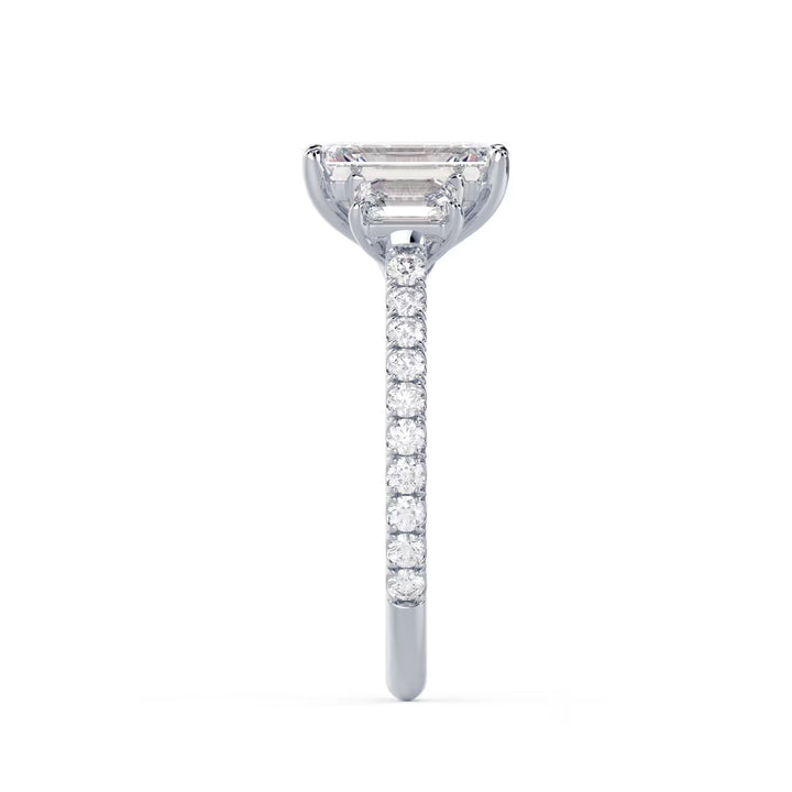 emerald cut lab diamond three stone engagement ring pavé setting