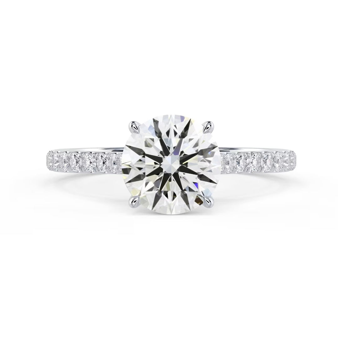 round cut lab grown diamond cathedral pave engagement ring 1.5 carat E VS1