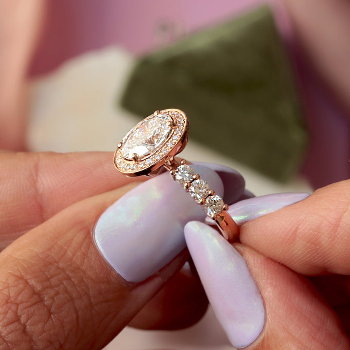 1.5ct Oval F- VS1 Lab Grown Diamond Unique Halo Engagement Ring