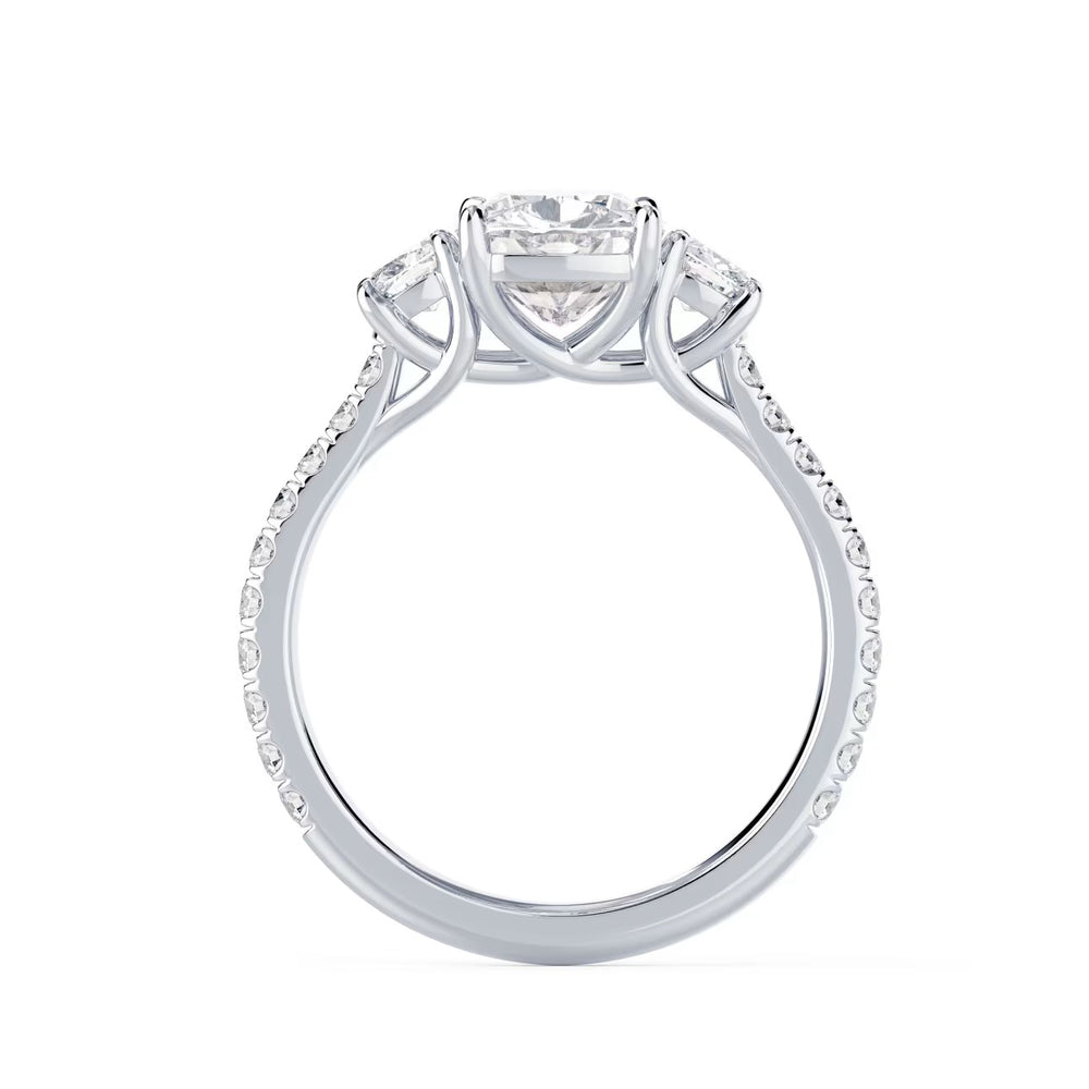 1.50ct cushion lab grown diamond three stone pavé engagement ring E VS1