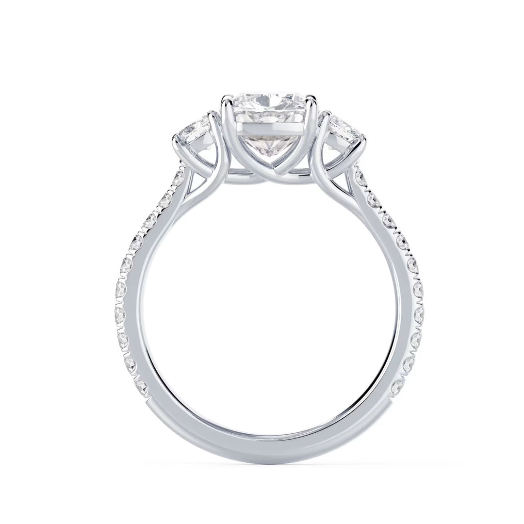 1.50ct cushion lab grown diamond three stone pavé engagement ring E VS1