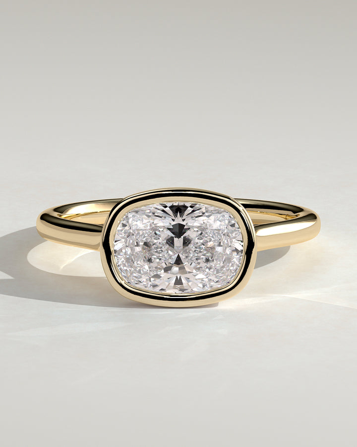 1.5ct  East West Elongated Cushion Bezel Cathedral High Setting Engagement Ring